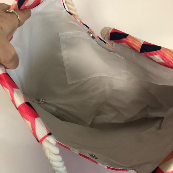 Macy’s Tote Bag Pink Navy Large Beach Travel Canvas Shoulder Rope Handles NEW - Picture 4 of 6